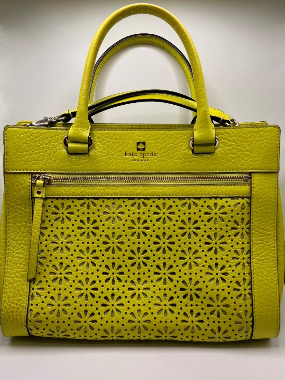 Lime Green Kate Spade Perri Lane Romy Satchel. Floral Cut Outs. Two Way.